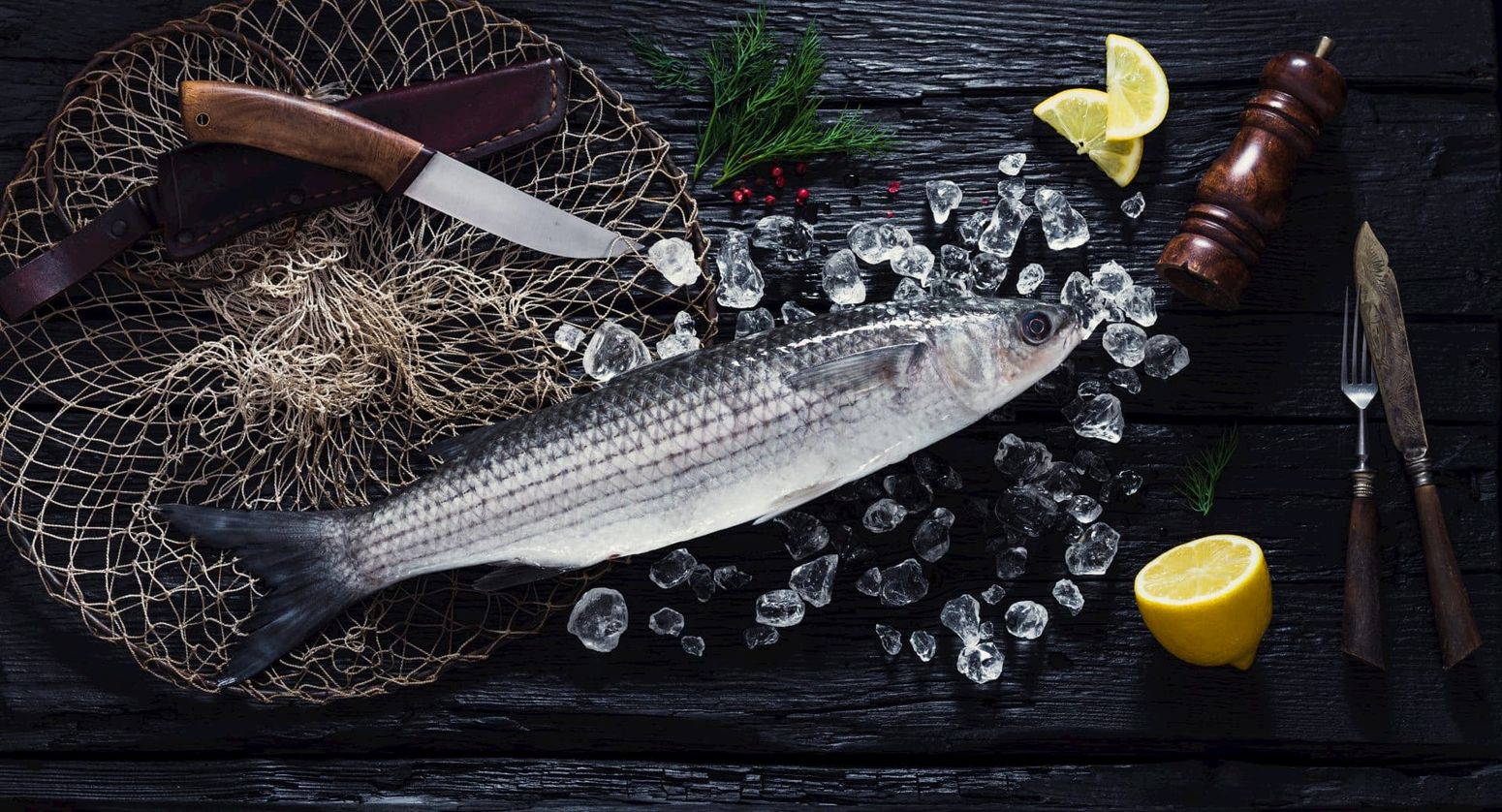 Fresh fish and seafood on the fishmonger counter